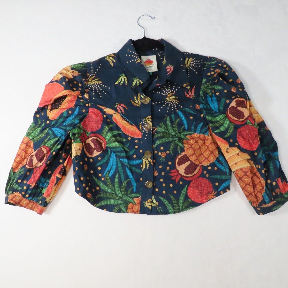 FARM Rio Tropical Fruit Print Cropped Button Blouse Jacket Puff Sleeve S